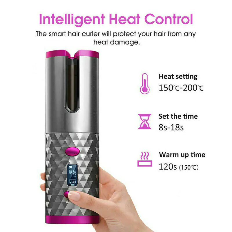 Hair Curler LCD Cordless Auto Rotating Waver Curling Iron Ceramic Wireless USA